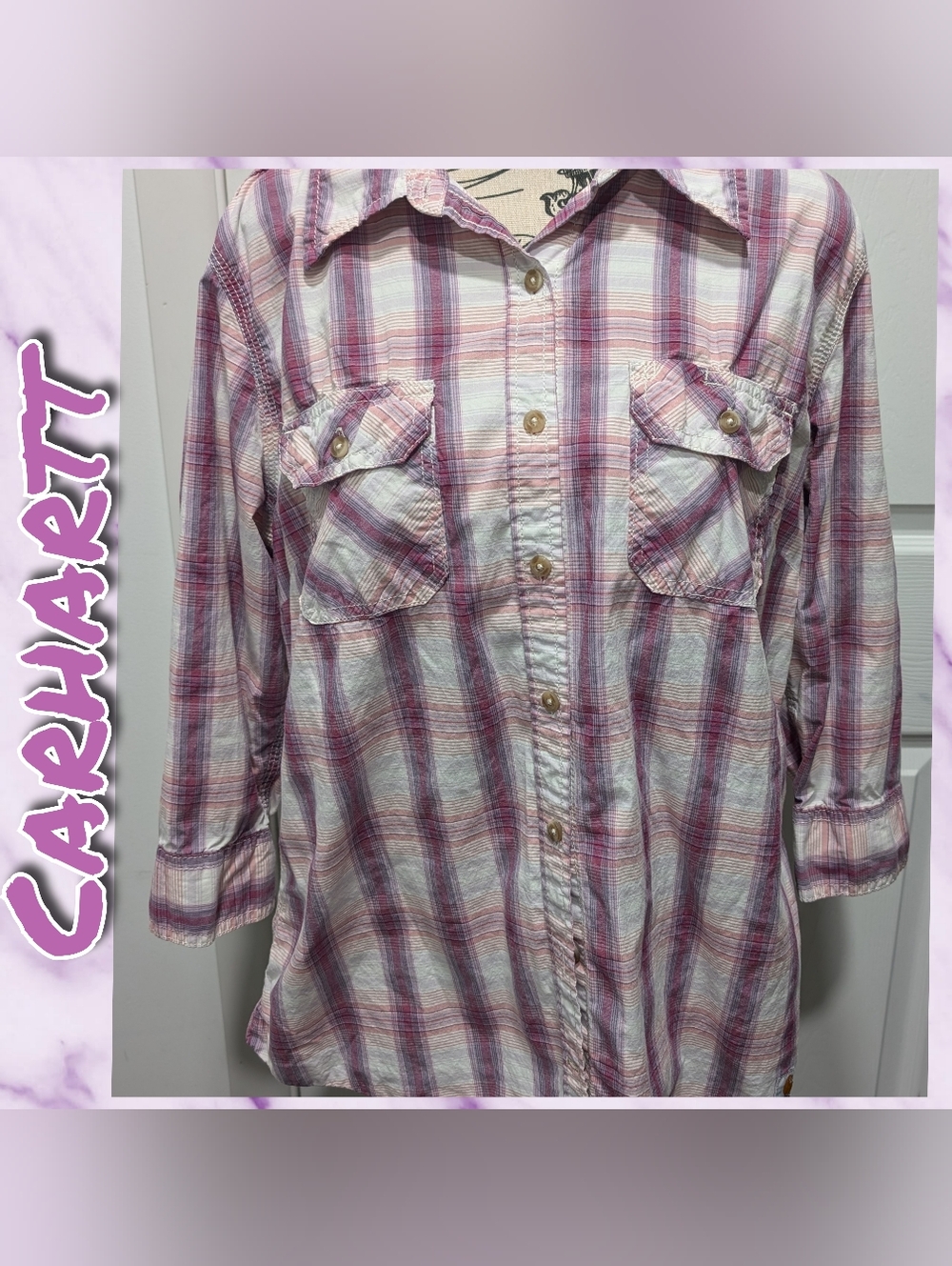 Carhartt Lavender and White Plaid Button Up Quarter Sleeve Top